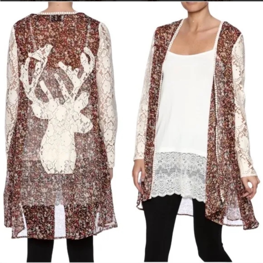 JUDITH MARCH Sheer Lace Deer Kimono Cardigan